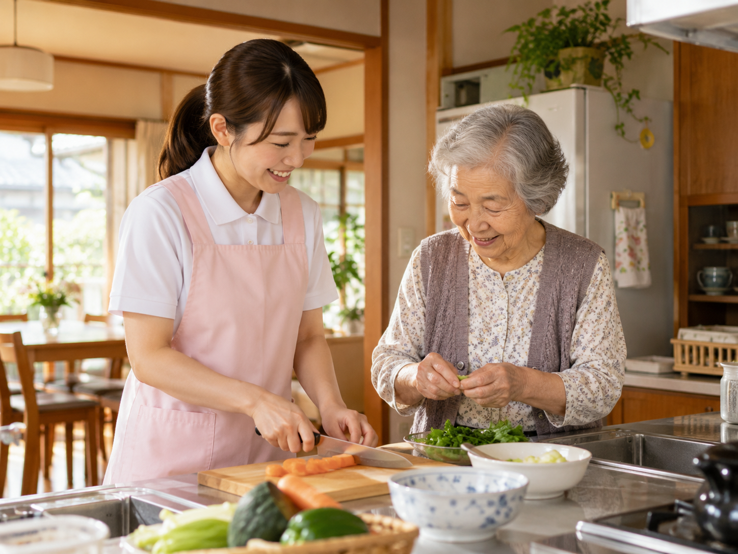 ヘルパーと高齢者が自宅の台所で一緒に料理する場面(AIイメージ写真)